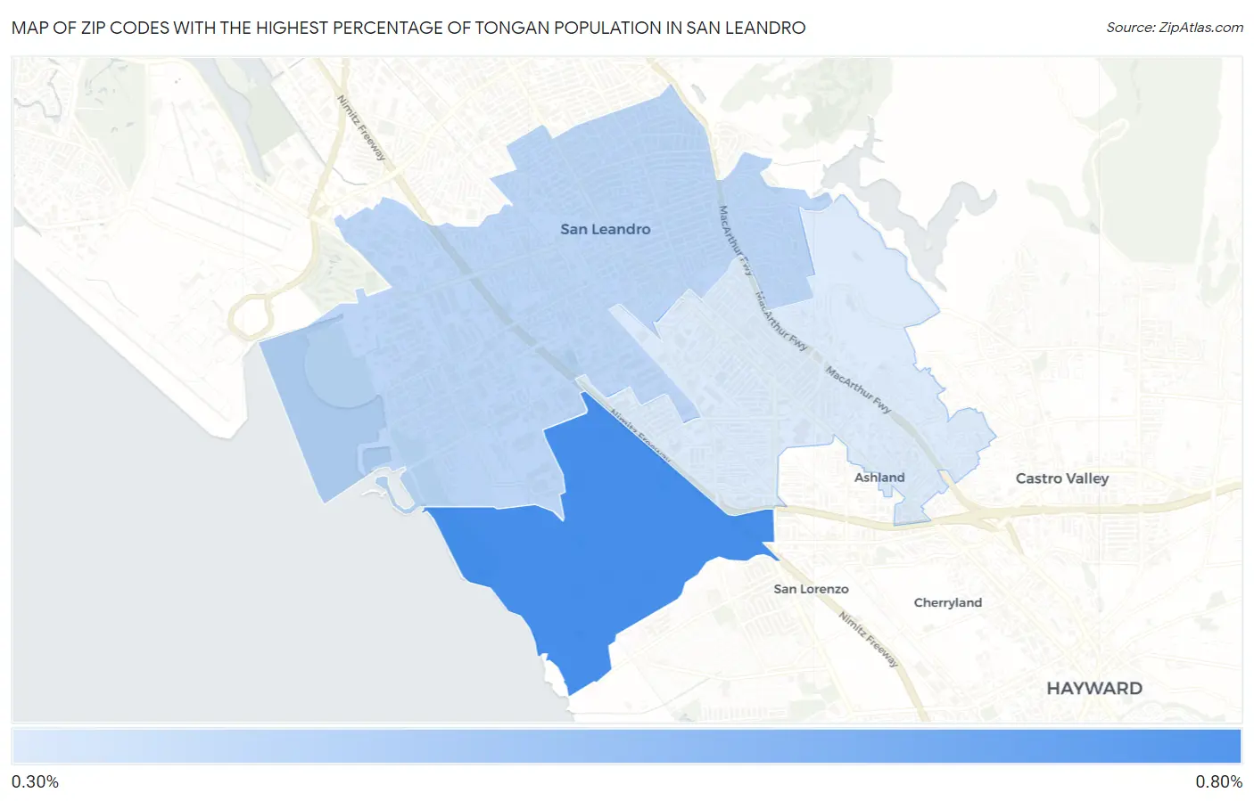 Zip Codes with the Highest Percentage of Tongan Population in San Leandro Map