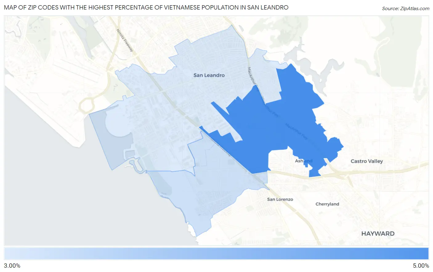 Zip Codes with the Highest Percentage of Vietnamese Population in San Leandro Map