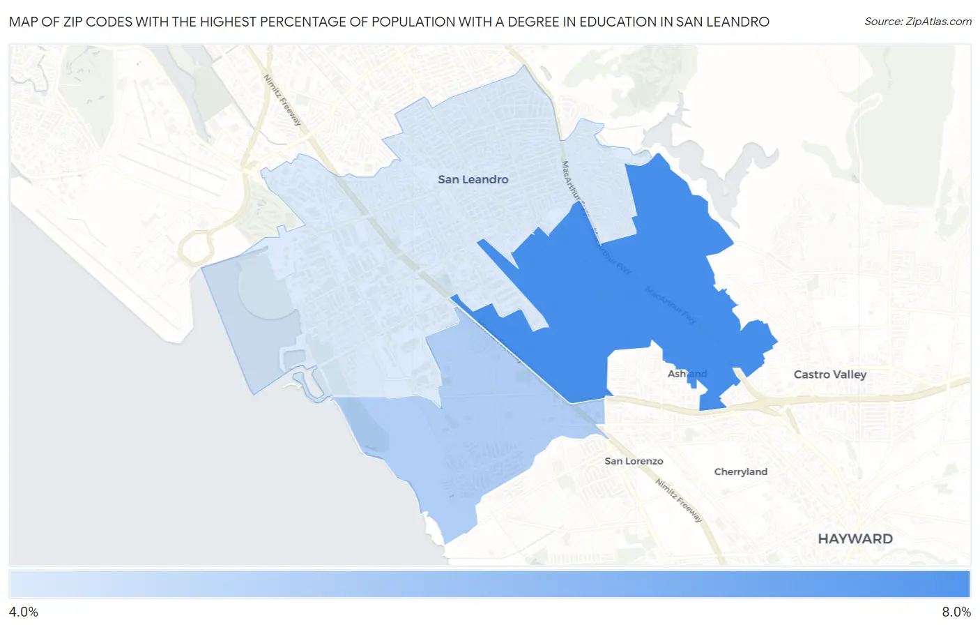 Zip Codes with the Highest Percentage of Population with a Degree in Education in San Leandro Map