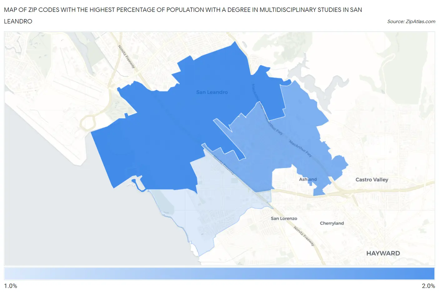 Zip Codes with the Highest Percentage of Population with a Degree in Multidisciplinary Studies in San Leandro Map