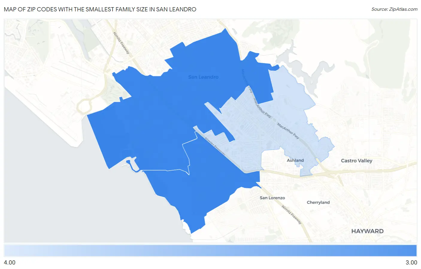 Zip Codes with the Smallest Family Size in San Leandro Map