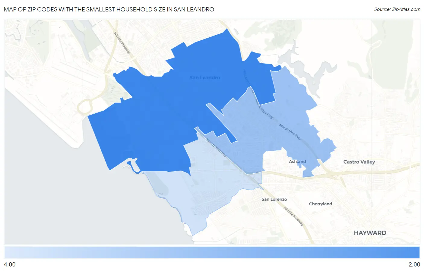 Zip Codes with the Smallest Household Size in San Leandro Map