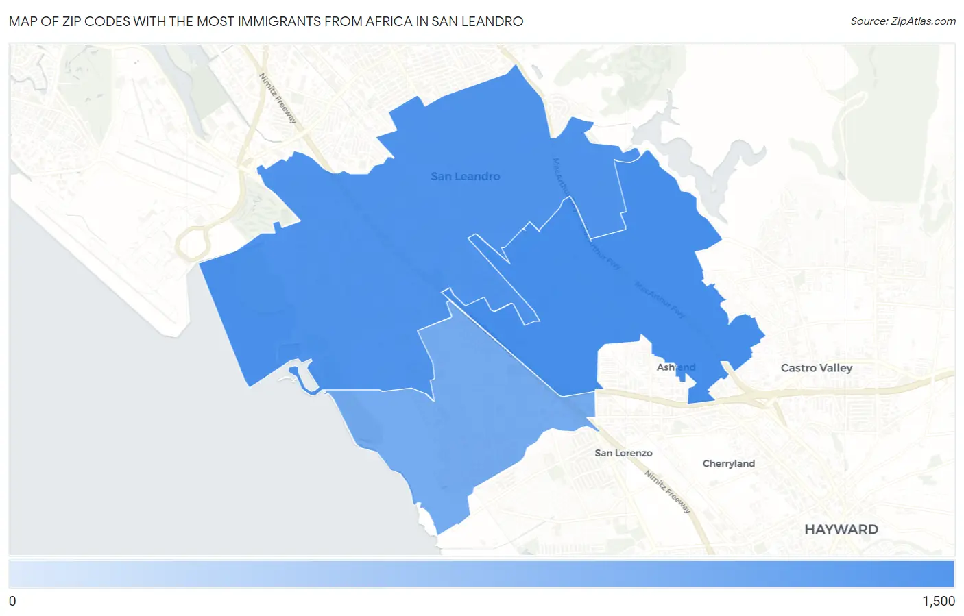 Zip Codes with the Most Immigrants from Africa in San Leandro Map