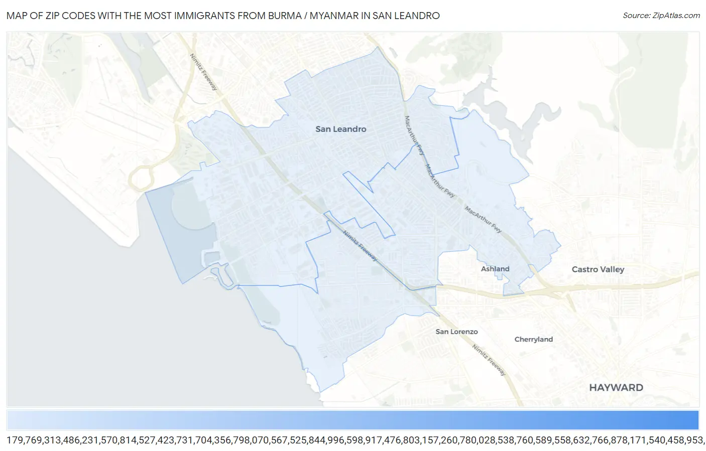 Zip Codes with the Most Immigrants from Burma / Myanmar in San Leandro Map