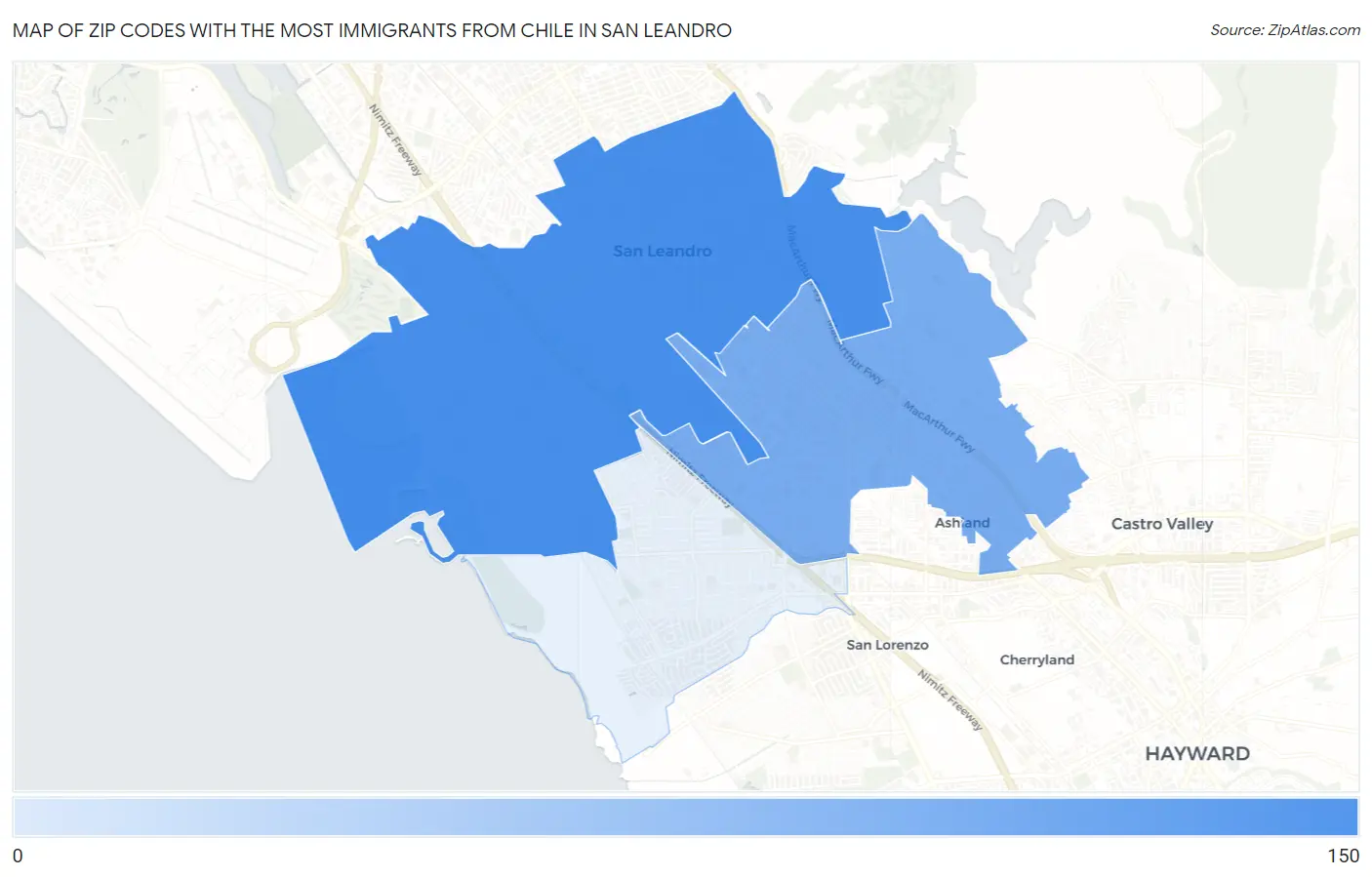 Zip Codes with the Most Immigrants from Chile in San Leandro Map