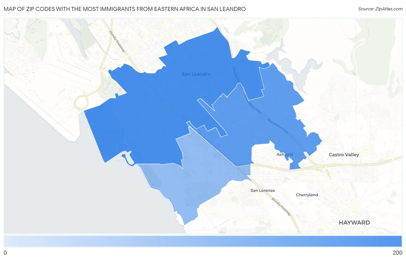 Zip Codes with the Most Immigrants from Eastern Africa in San Leandro Map