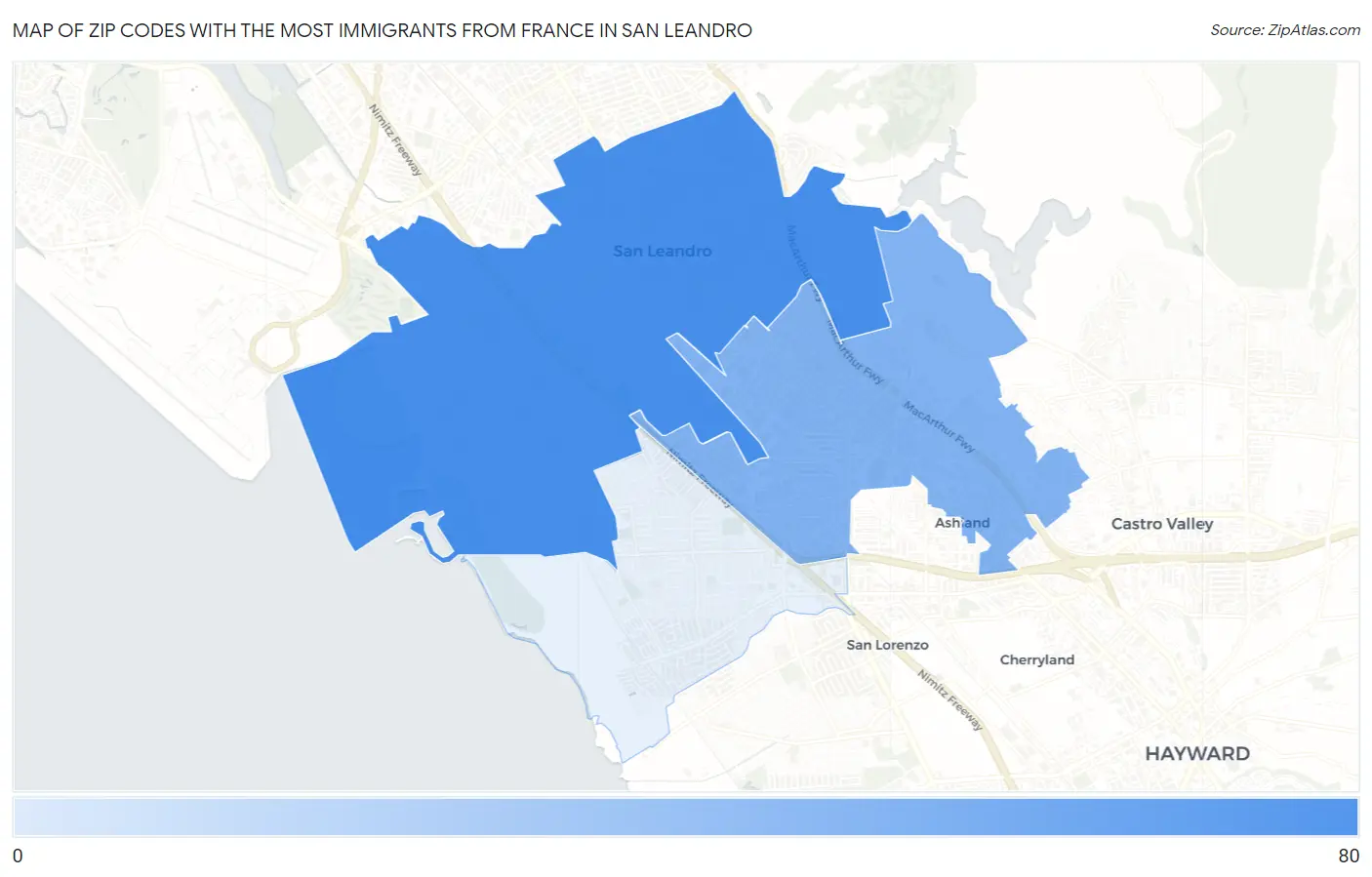 Zip Codes with the Most Immigrants from France in San Leandro Map
