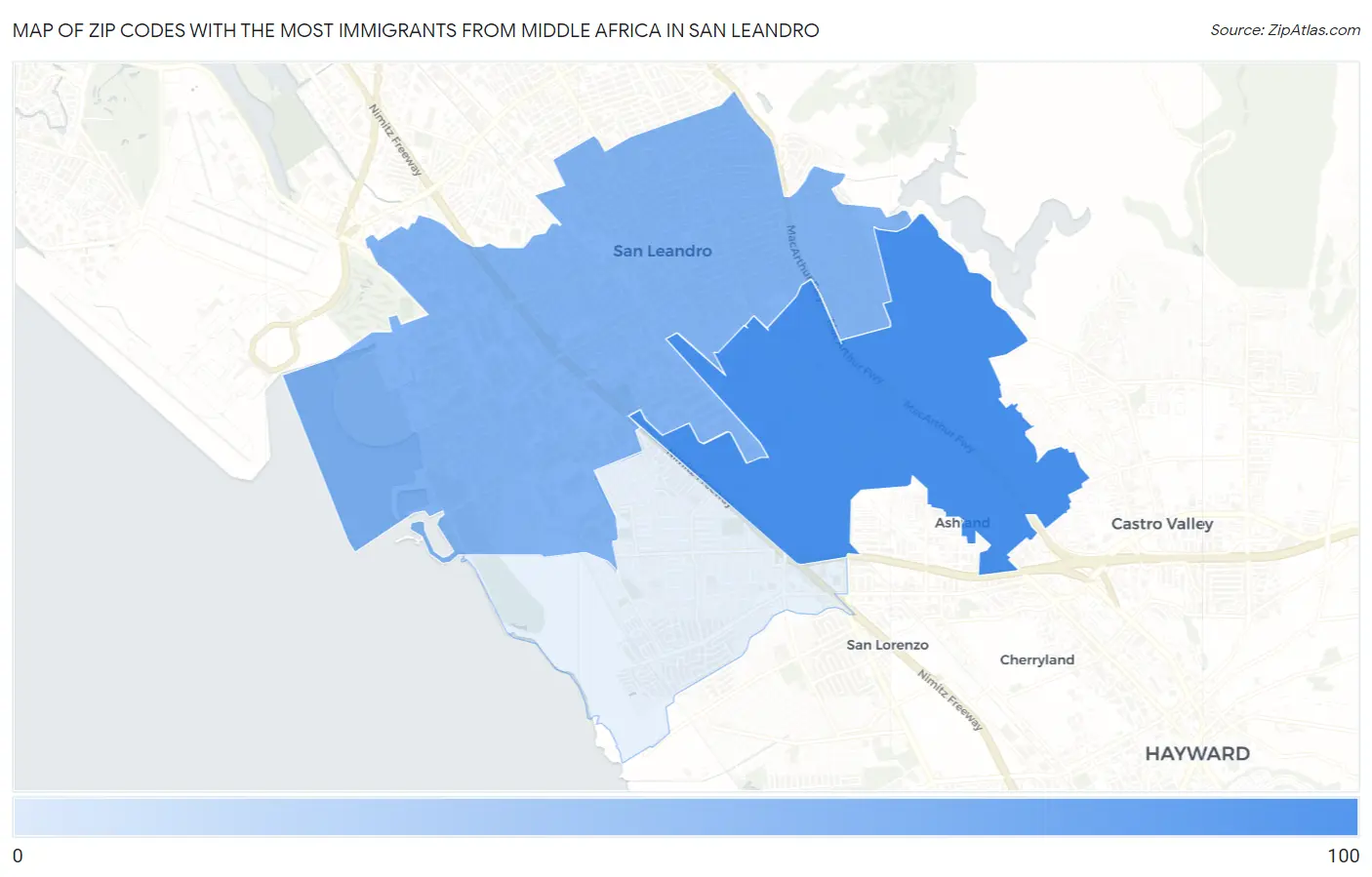 Zip Codes with the Most Immigrants from Middle Africa in San Leandro Map