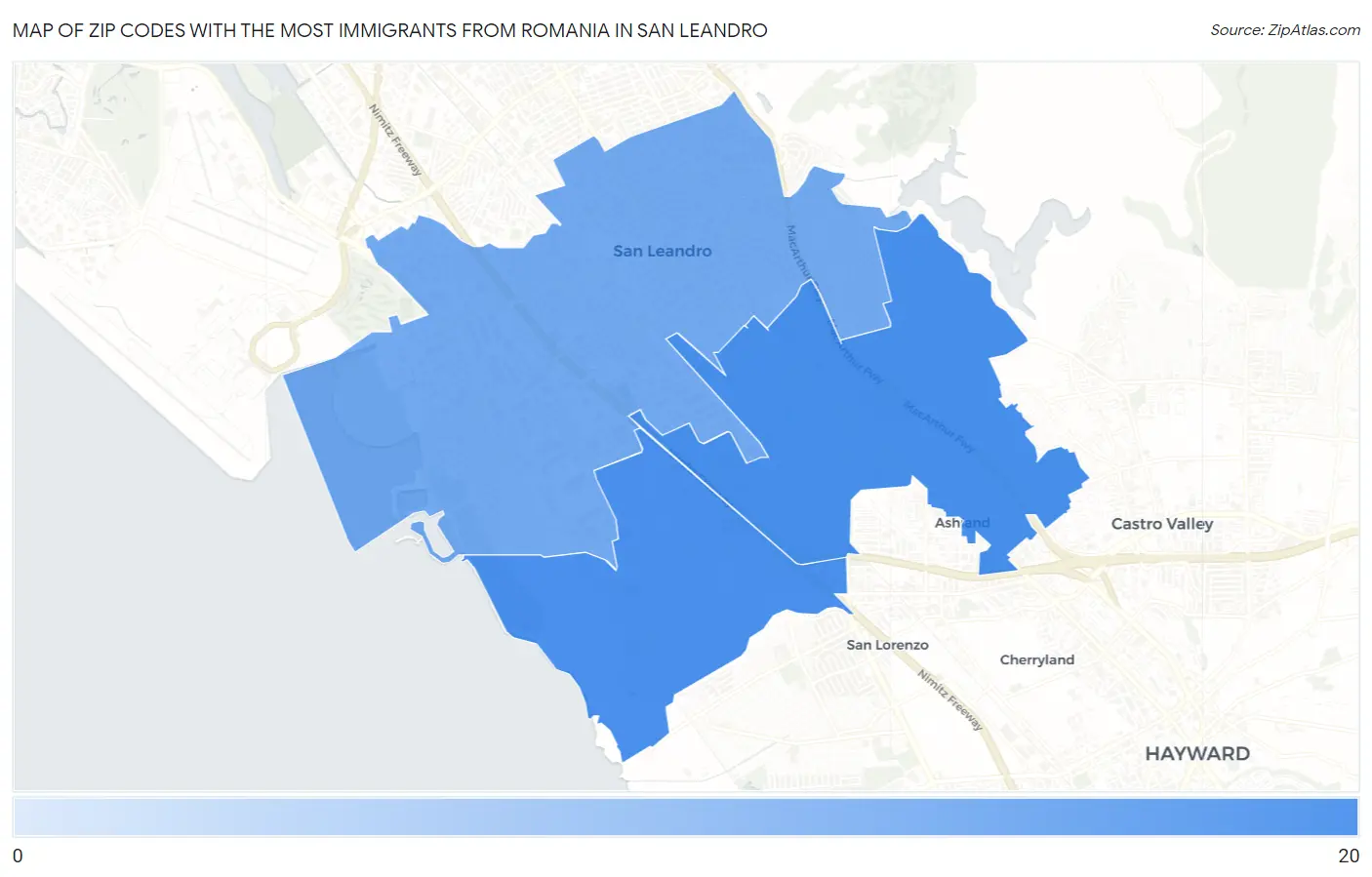 Zip Codes with the Most Immigrants from Romania in San Leandro Map