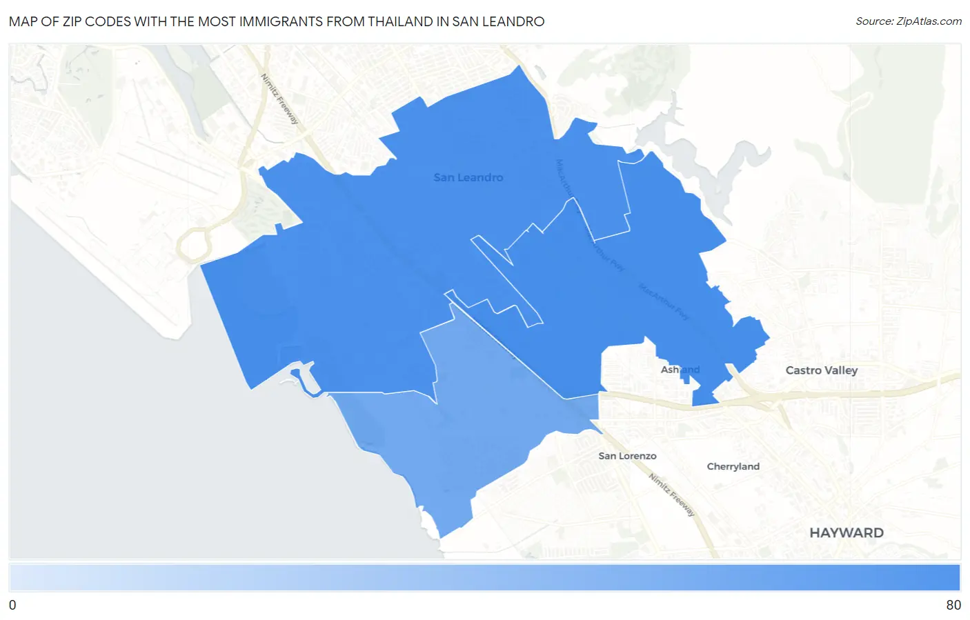Zip Codes with the Most Immigrants from Thailand in San Leandro Map