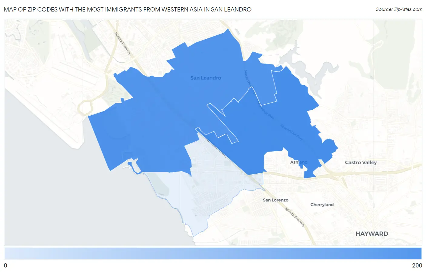 Zip Codes with the Most Immigrants from Western Asia in San Leandro Map