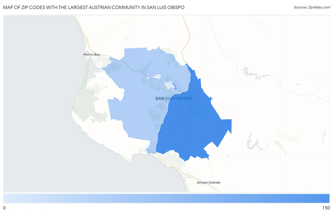 Zip Codes with the Largest Austrian Community in San Luis Obispo Map