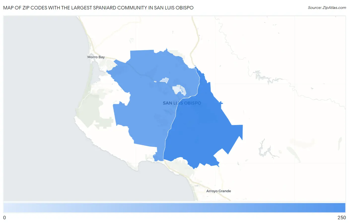 Zip Codes with the Largest Spaniard Community in San Luis Obispo Map