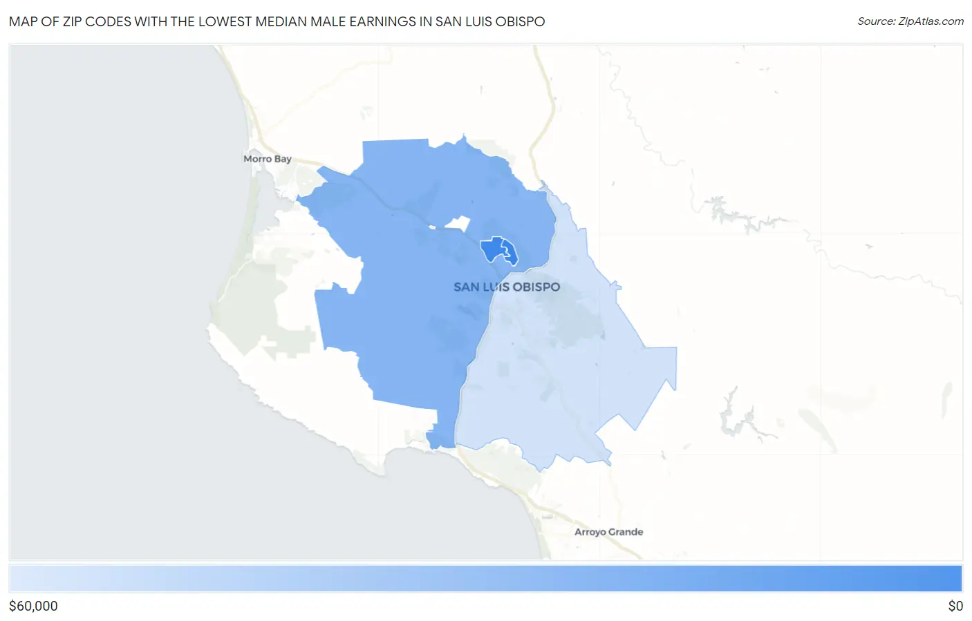 Zip Codes with the Lowest Median Male Earnings in San Luis Obispo Map