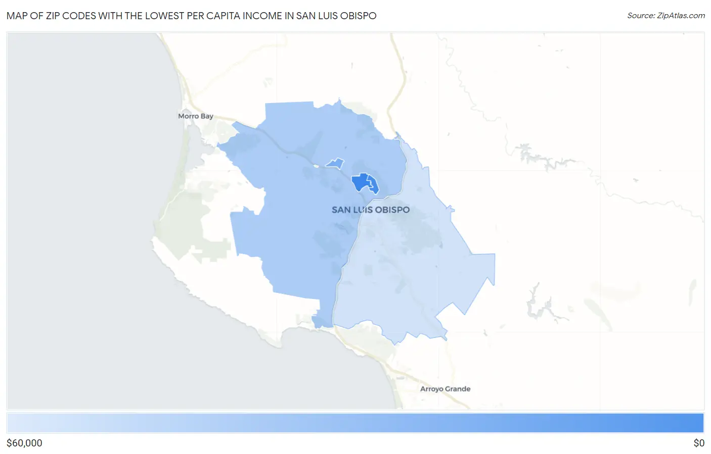 Zip Codes with the Lowest Per Capita Income in San Luis Obispo Map