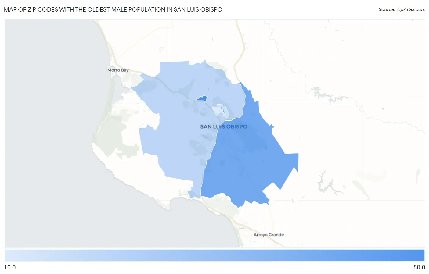 Zip Codes with the Oldest Male Population in San Luis Obispo Map