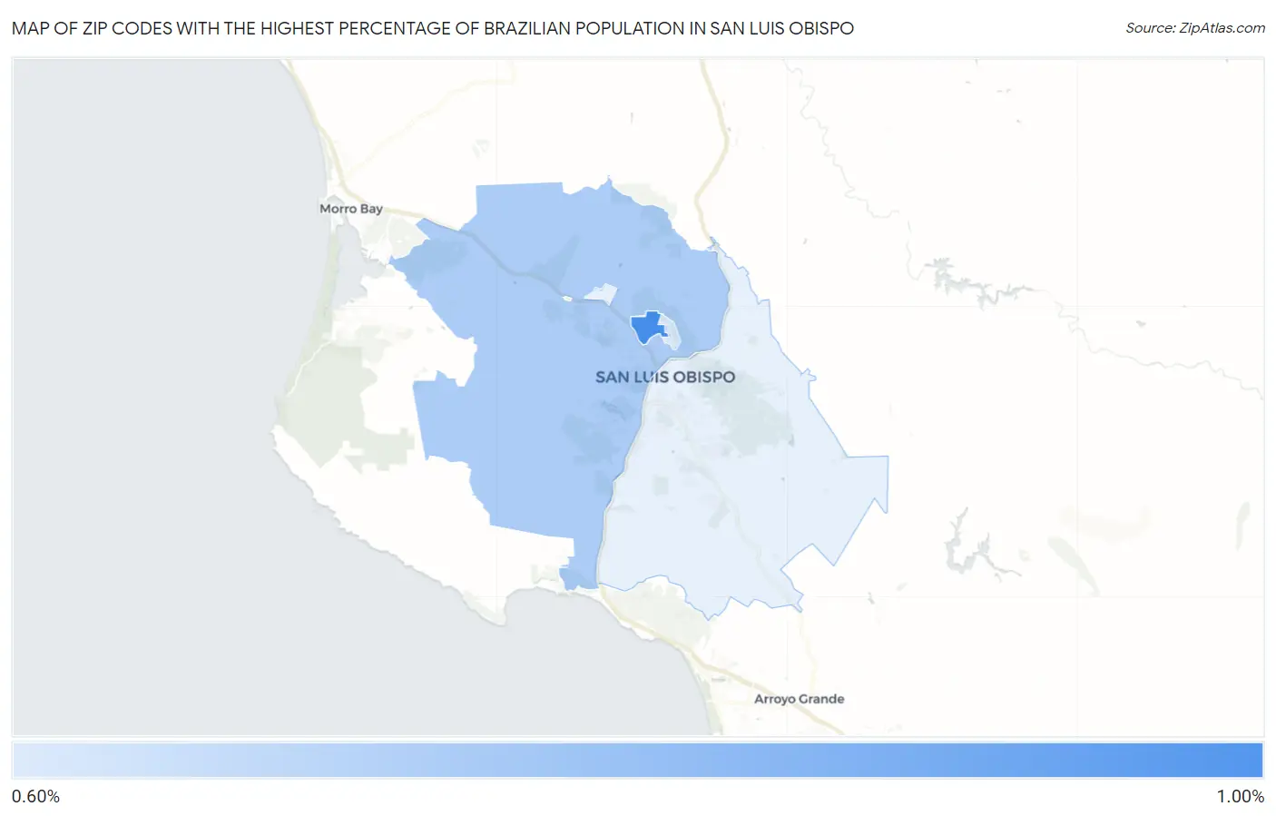 Zip Codes with the Highest Percentage of Brazilian Population in San Luis Obispo Map