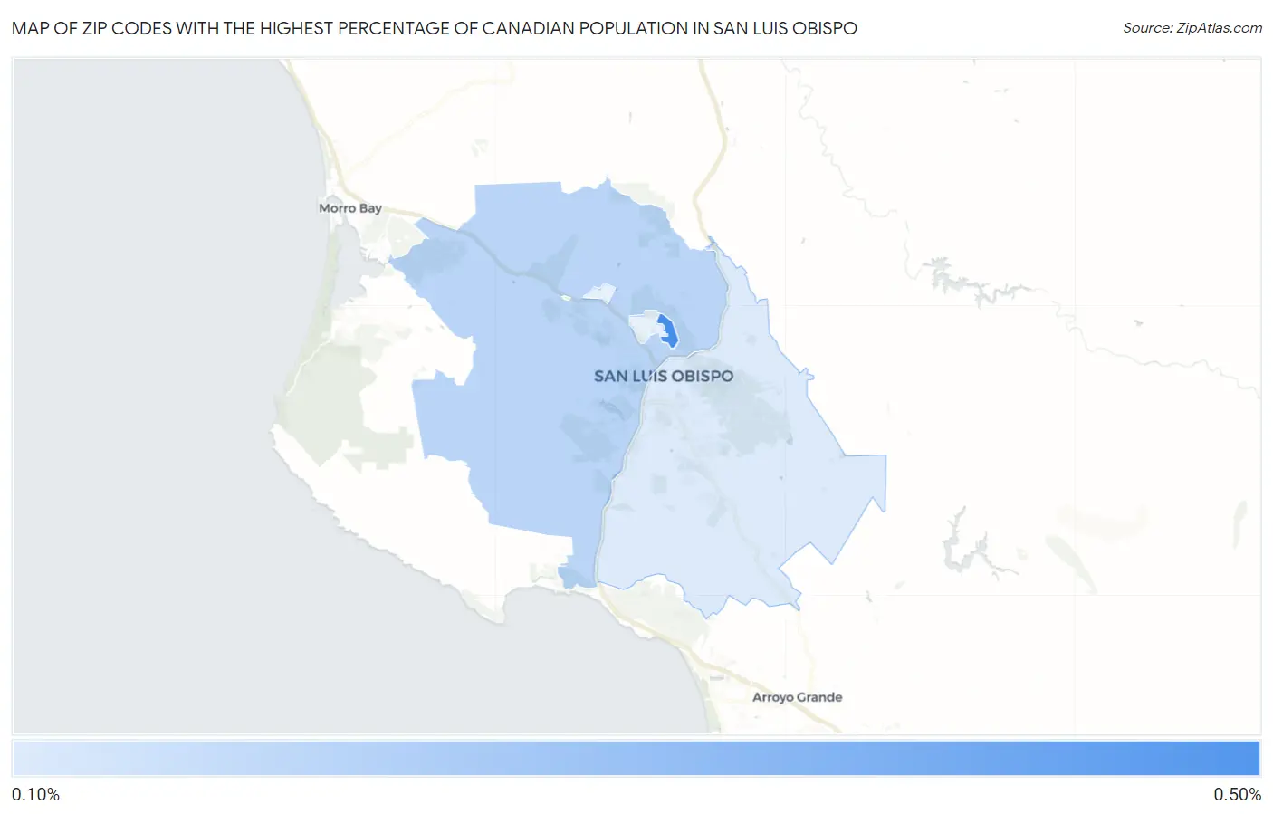 Zip Codes with the Highest Percentage of Canadian Population in San Luis Obispo Map