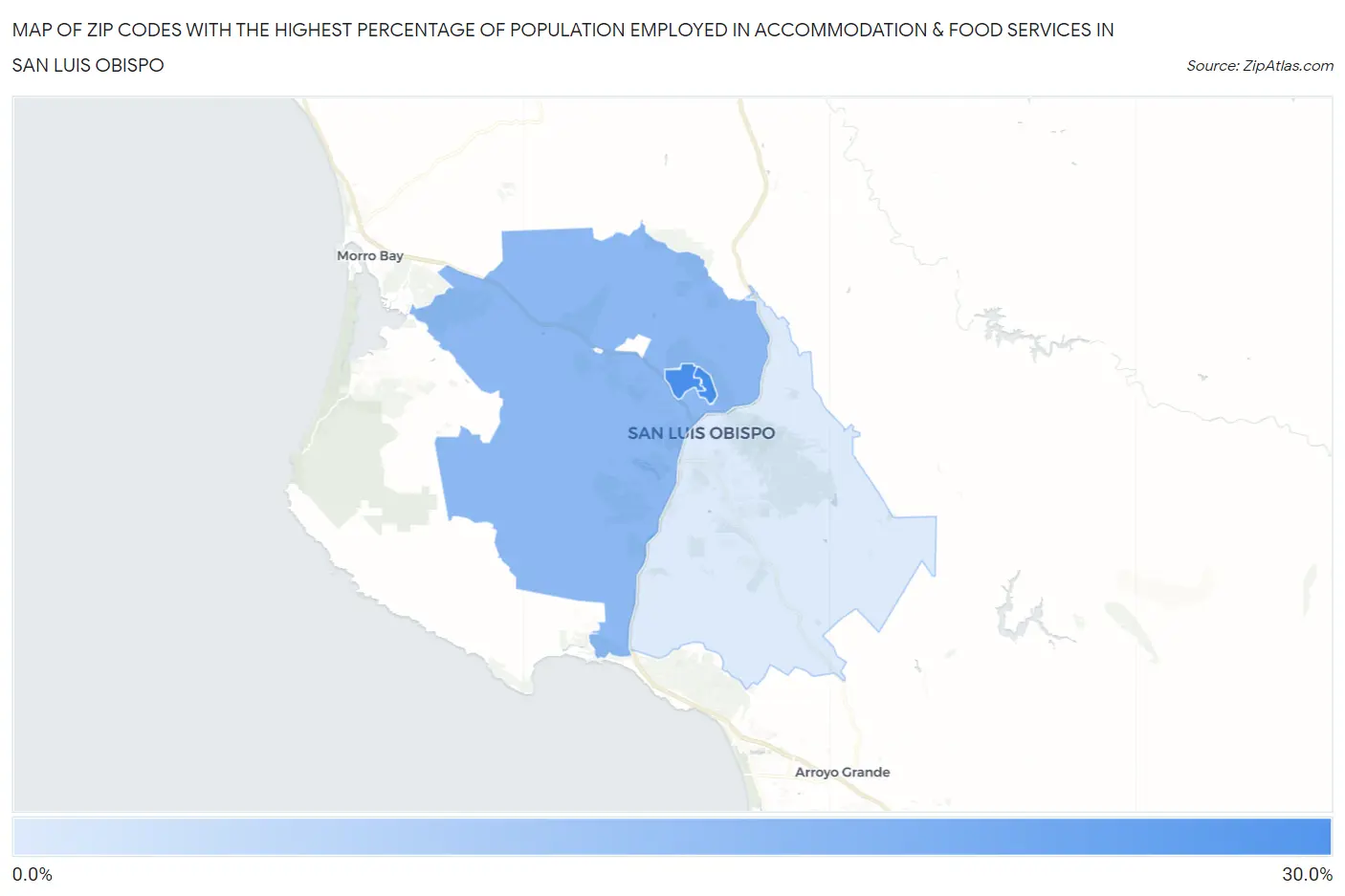 Zip Codes with the Highest Percentage of Population Employed in Accommodation & Food Services in San Luis Obispo Map