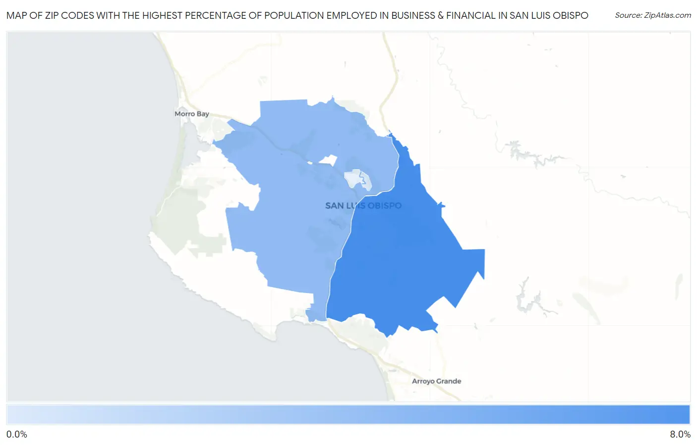 Zip Codes with the Highest Percentage of Population Employed in Business & Financial in San Luis Obispo Map
