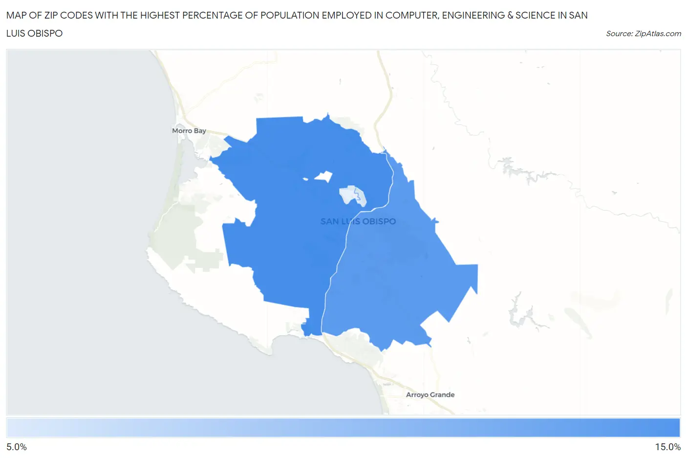 Zip Codes with the Highest Percentage of Population Employed in Computer, Engineering & Science in San Luis Obispo Map