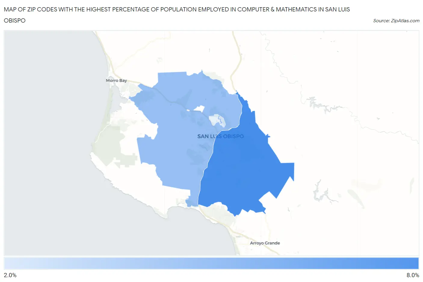 Zip Codes with the Highest Percentage of Population Employed in Computer & Mathematics in San Luis Obispo Map