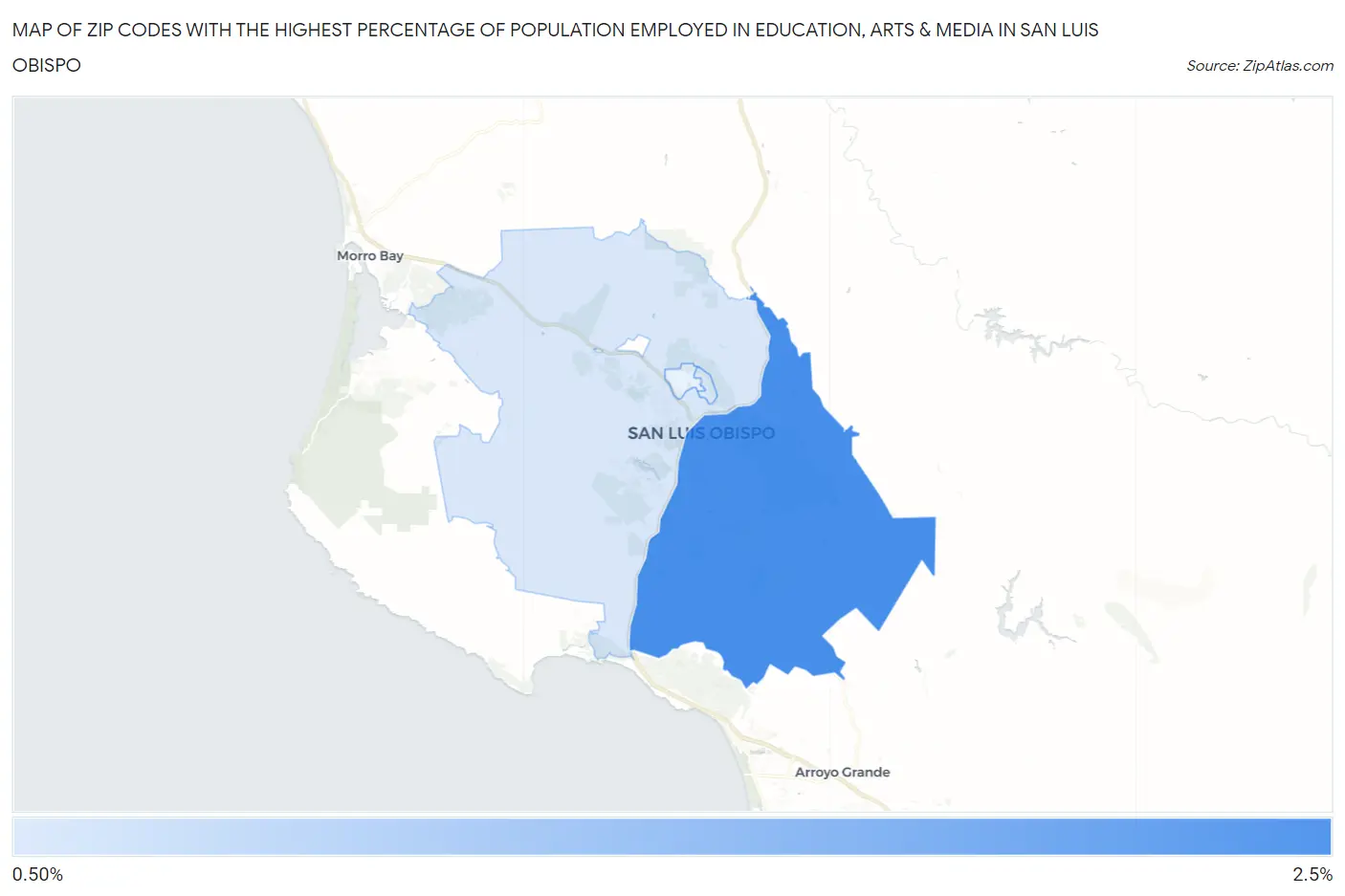Zip Codes with the Highest Percentage of Population Employed in Education, Arts & Media in San Luis Obispo Map