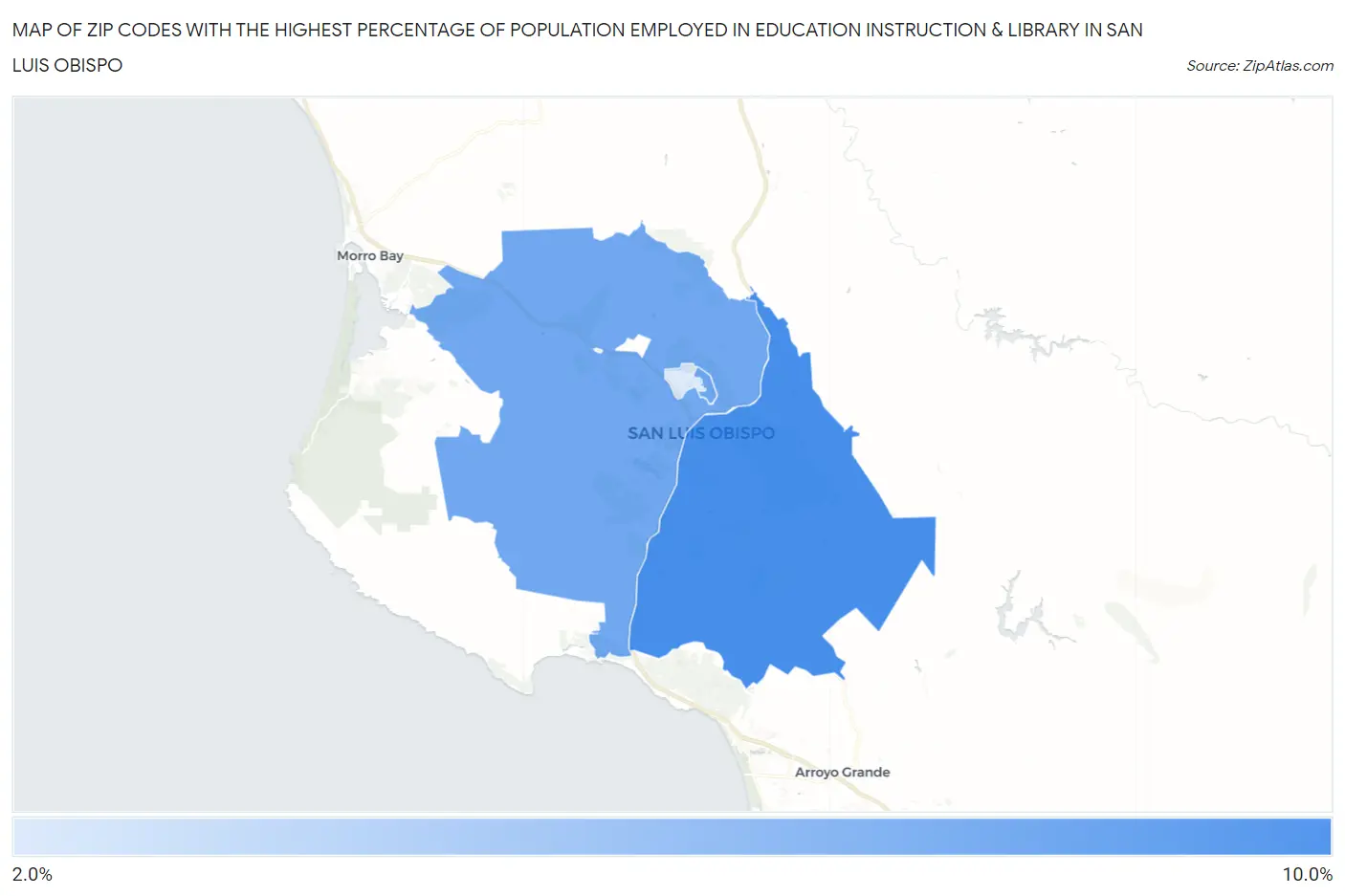 Zip Codes with the Highest Percentage of Population Employed in Education Instruction & Library in San Luis Obispo Map