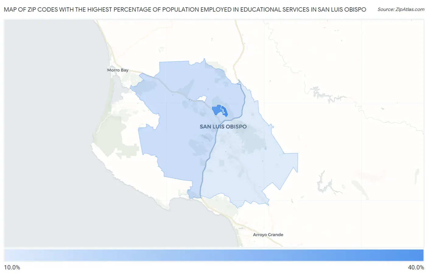 Zip Codes with the Highest Percentage of Population Employed in Educational Services in San Luis Obispo Map