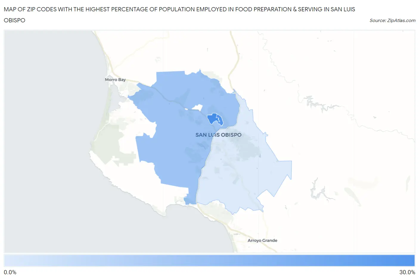 Zip Codes with the Highest Percentage of Population Employed in Food Preparation & Serving in San Luis Obispo Map