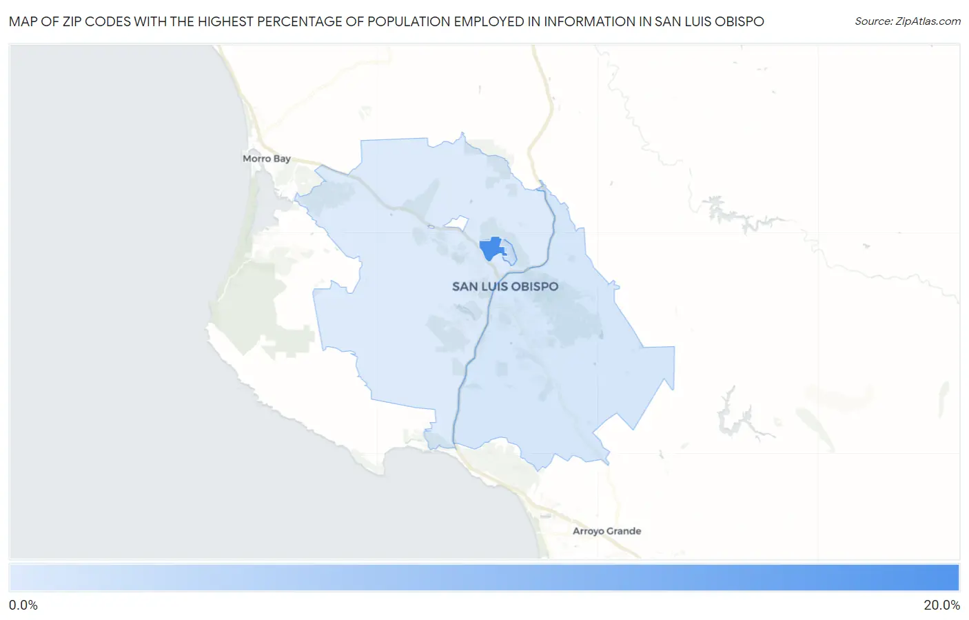 Zip Codes with the Highest Percentage of Population Employed in Information in San Luis Obispo Map