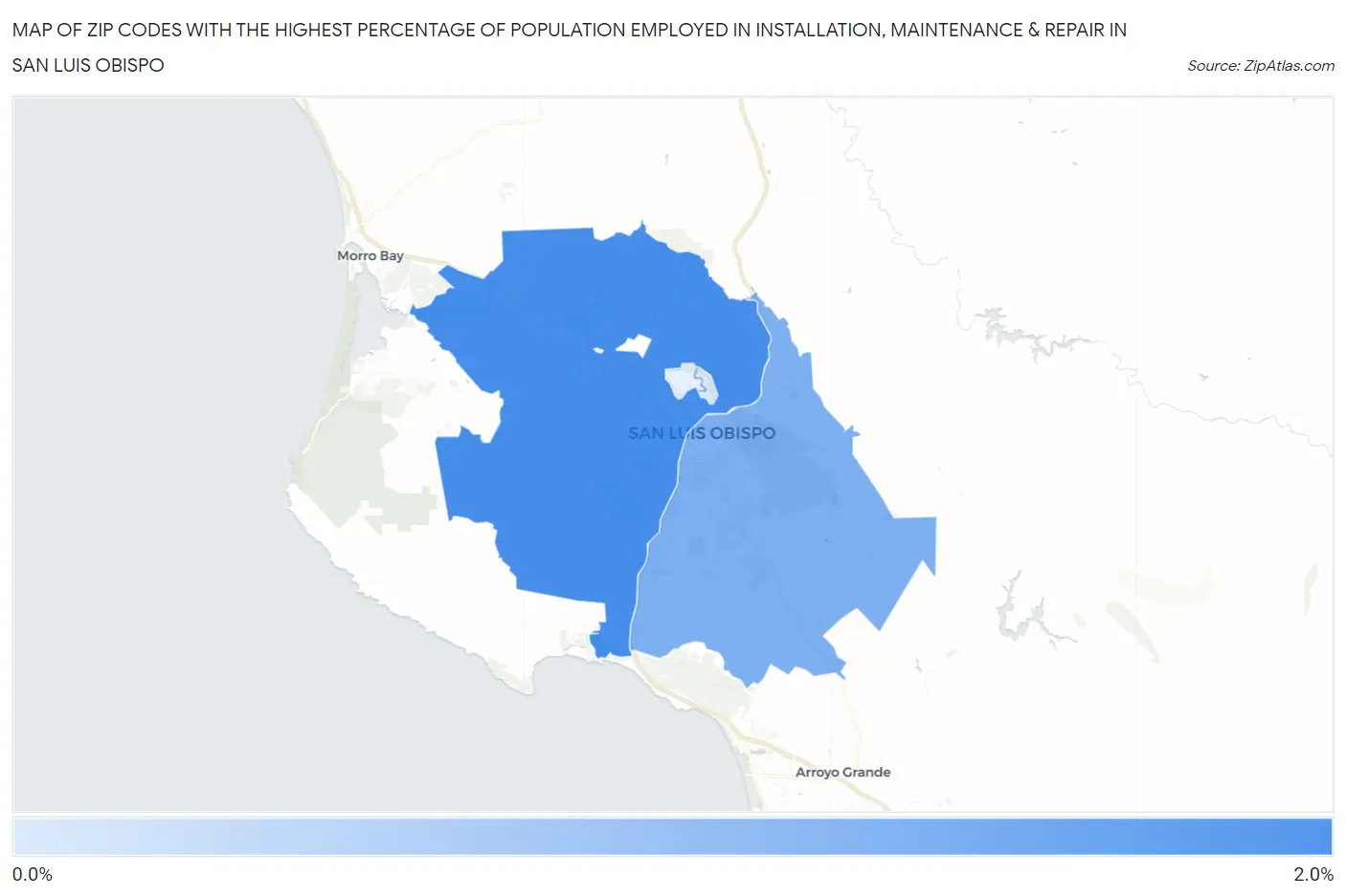 Zip Codes with the Highest Percentage of Population Employed in Installation, Maintenance & Repair in San Luis Obispo Map