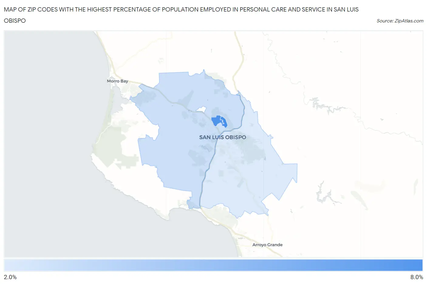 Zip Codes with the Highest Percentage of Population Employed in Personal Care and Service in San Luis Obispo Map