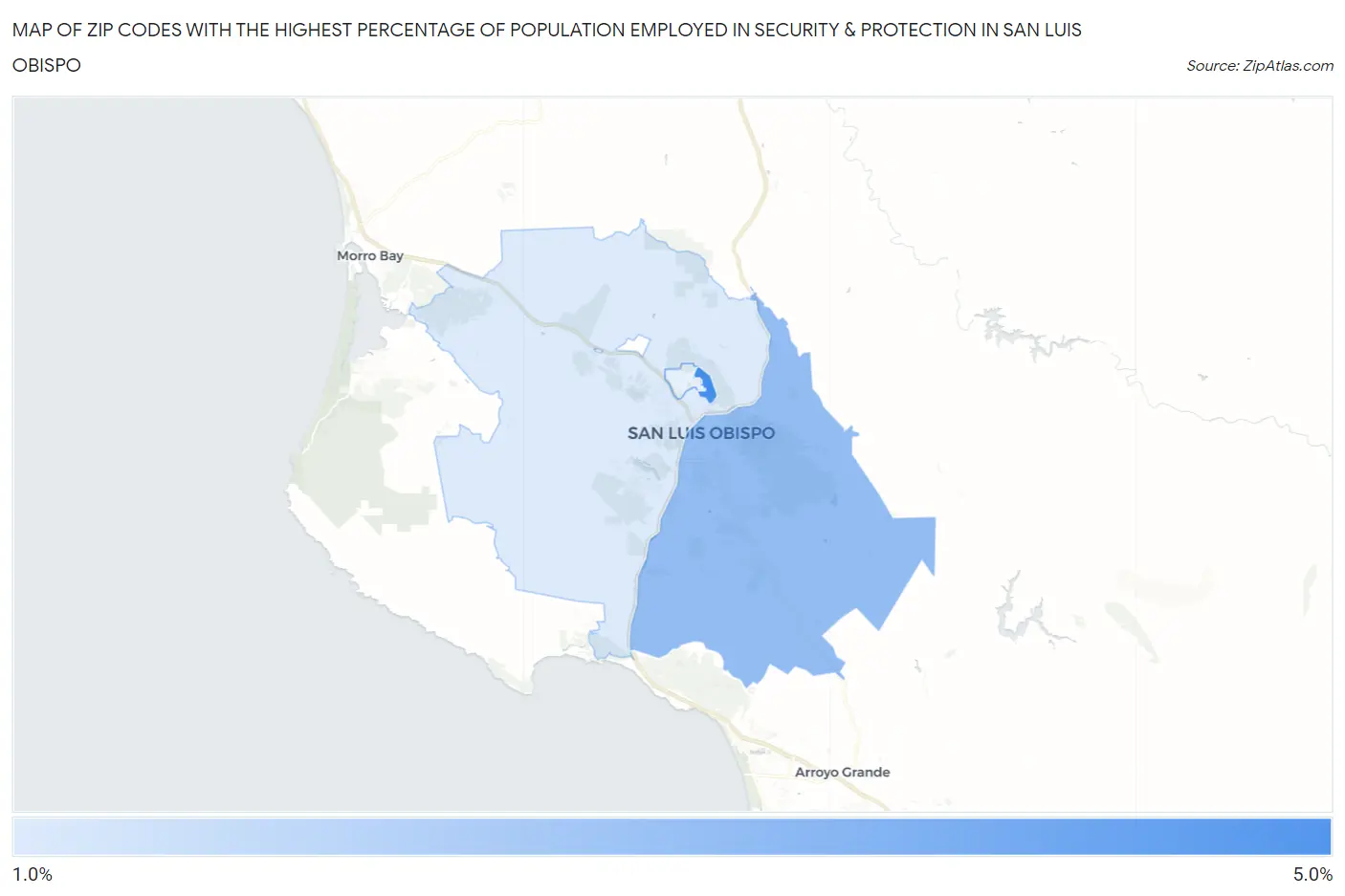 Zip Codes with the Highest Percentage of Population Employed in Security & Protection in San Luis Obispo Map