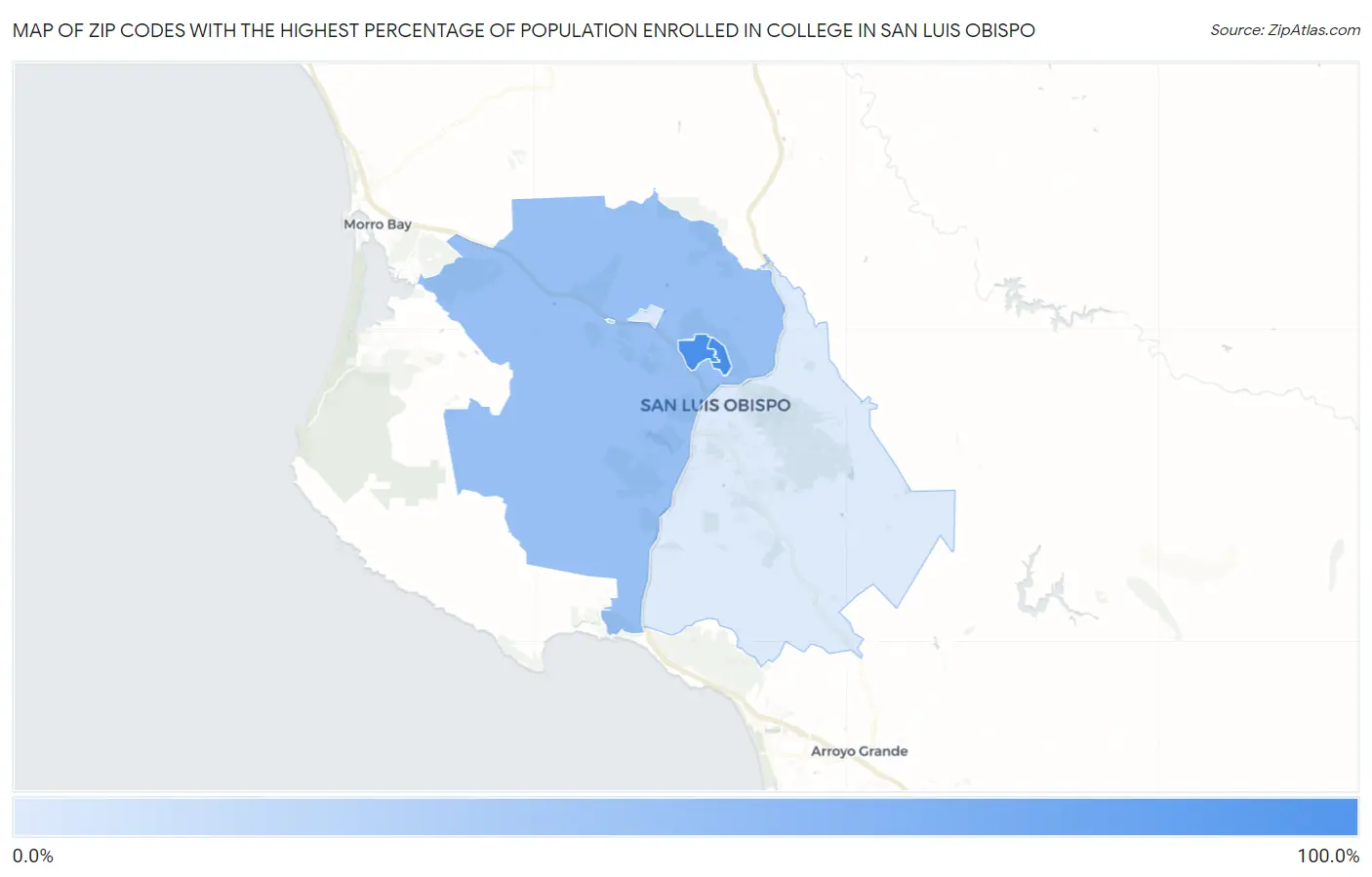 Zip Codes with the Highest Percentage of Population Enrolled in College in San Luis Obispo Map