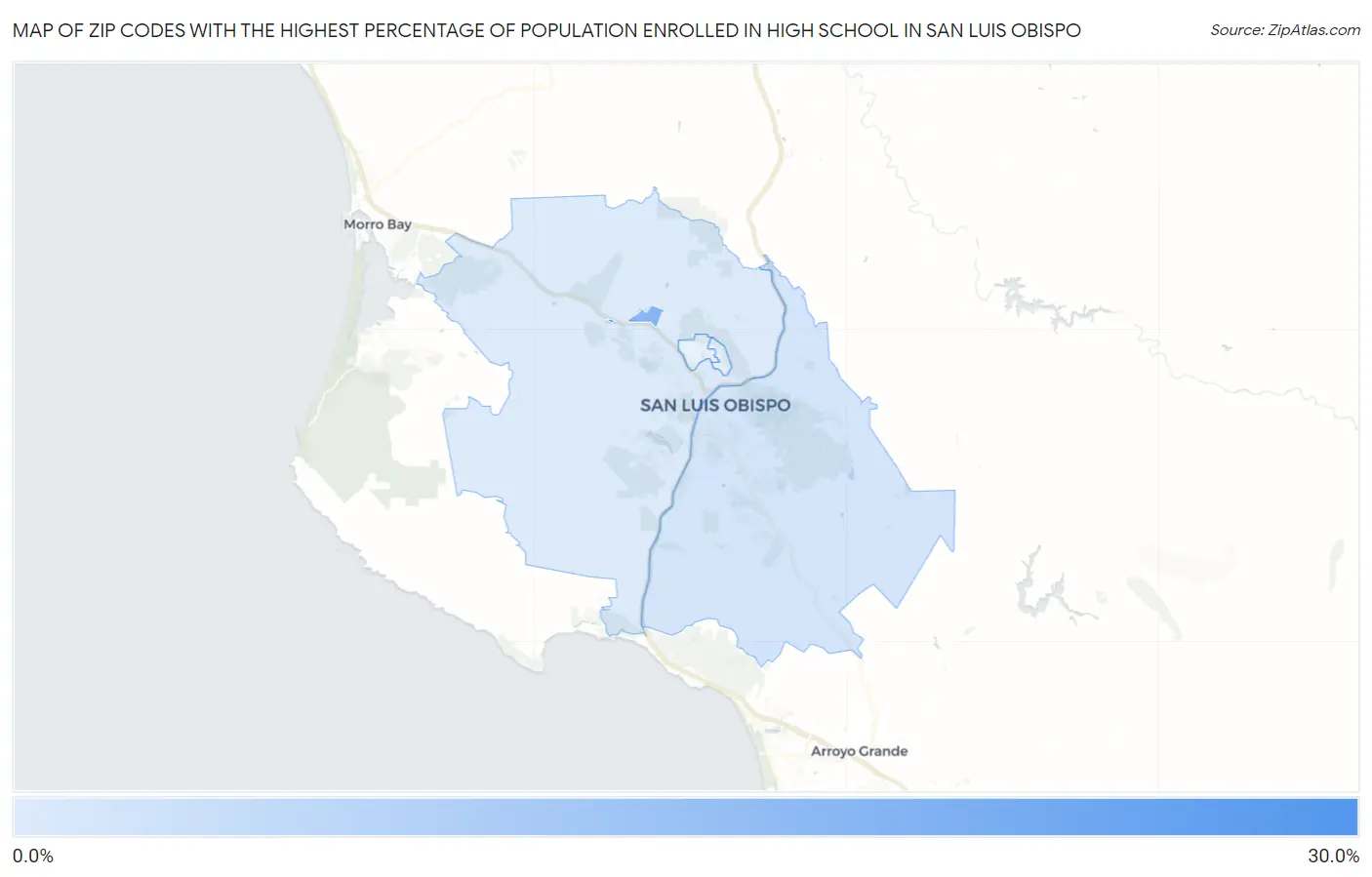 Zip Codes with the Highest Percentage of Population Enrolled in High School in San Luis Obispo Map