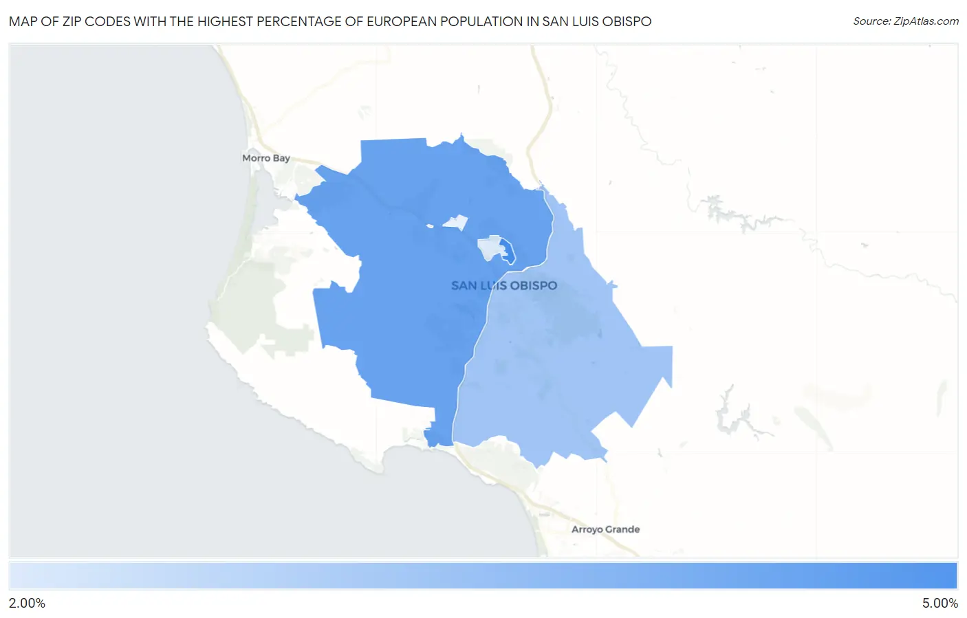 Zip Codes with the Highest Percentage of European Population in San Luis Obispo Map