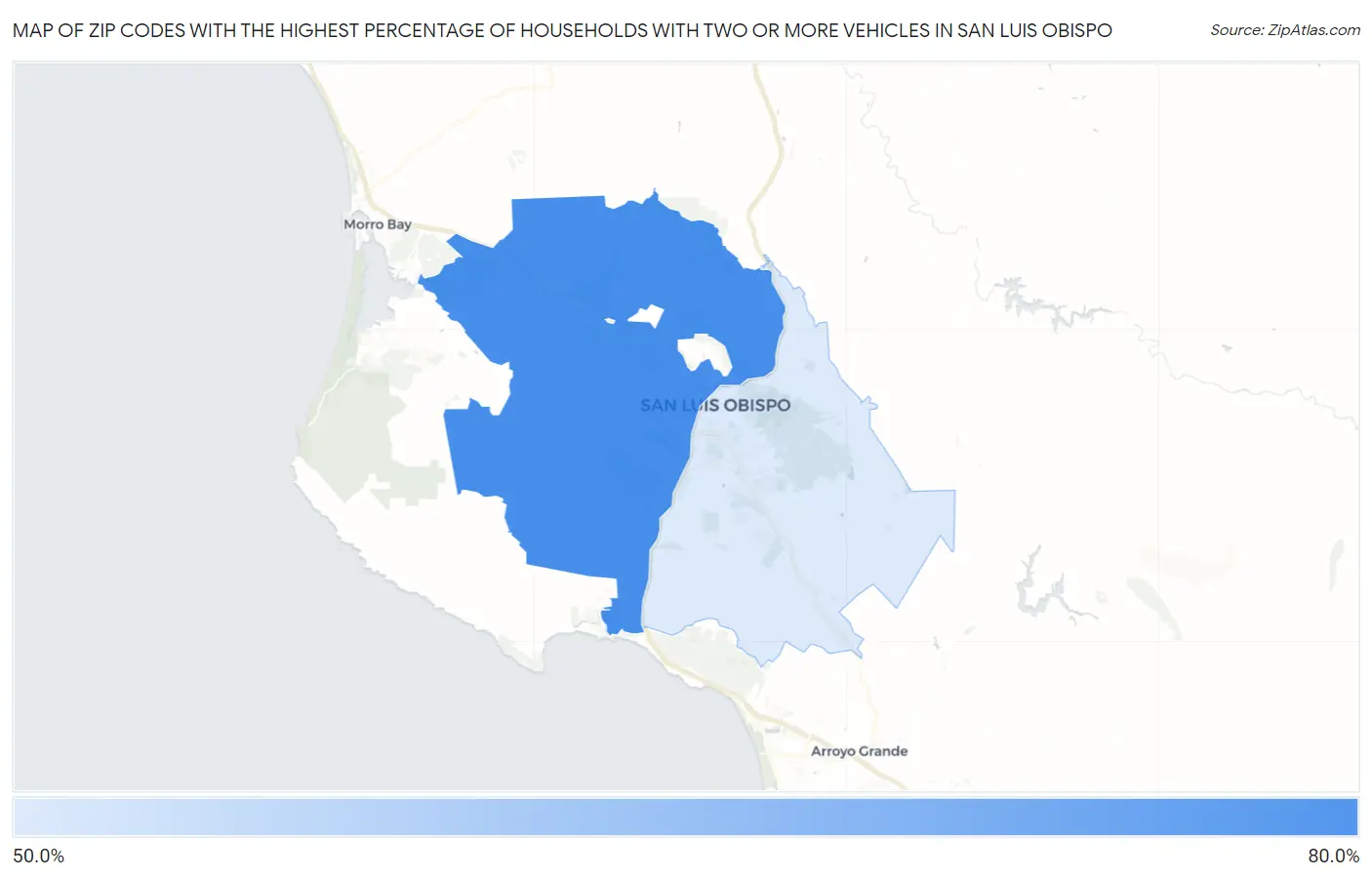 Zip Codes with the Highest Percentage of Households With Two or more Vehicles in San Luis Obispo Map