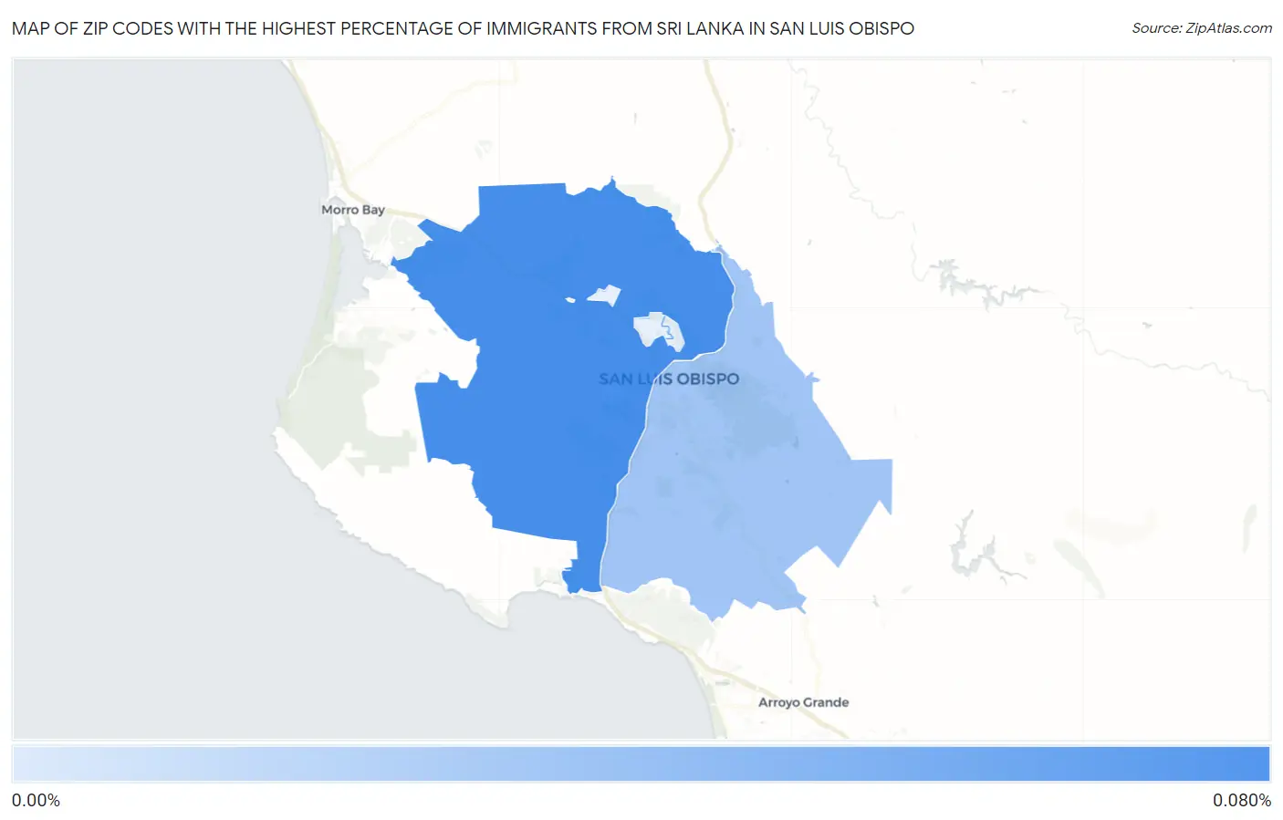 Zip Codes with the Highest Percentage of Immigrants from Sri Lanka in San Luis Obispo Map