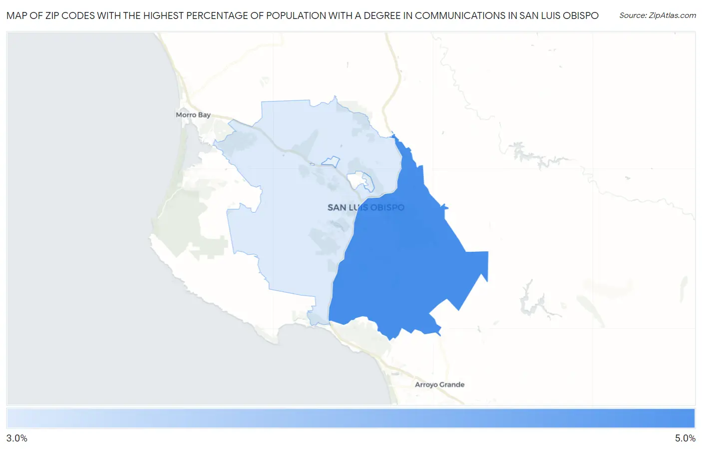 Zip Codes with the Highest Percentage of Population with a Degree in Communications in San Luis Obispo Map