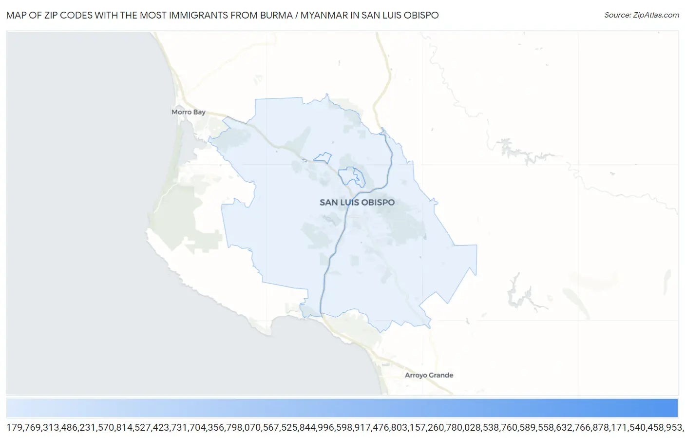 Zip Codes with the Most Immigrants from Burma / Myanmar in San Luis Obispo Map