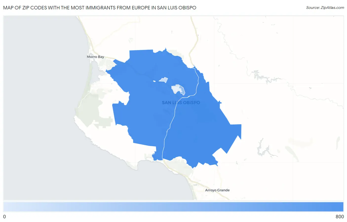 Zip Codes with the Most Immigrants from Europe in San Luis Obispo Map