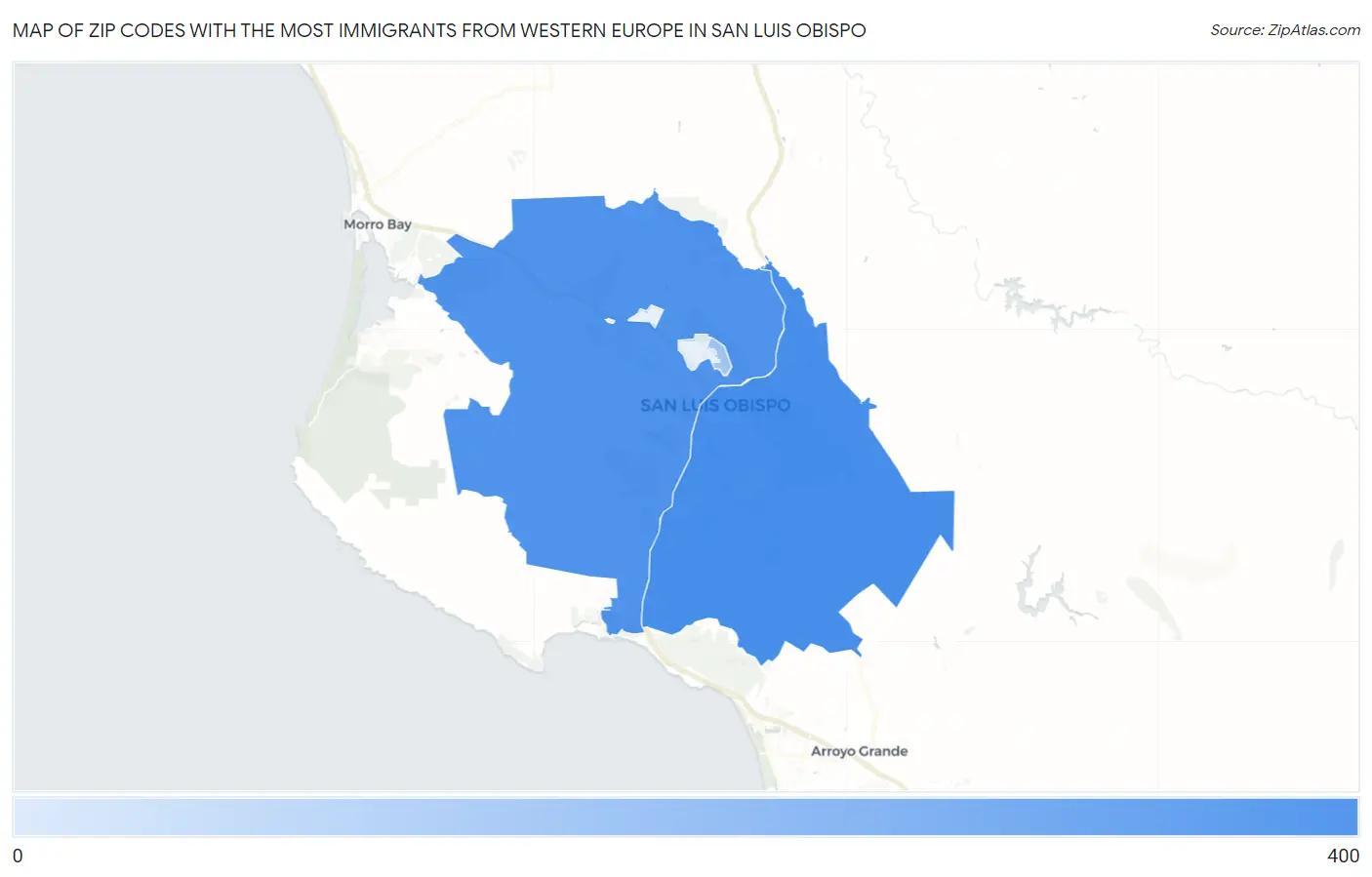 Zip Codes with the Most Immigrants from Western Europe in San Luis Obispo Map