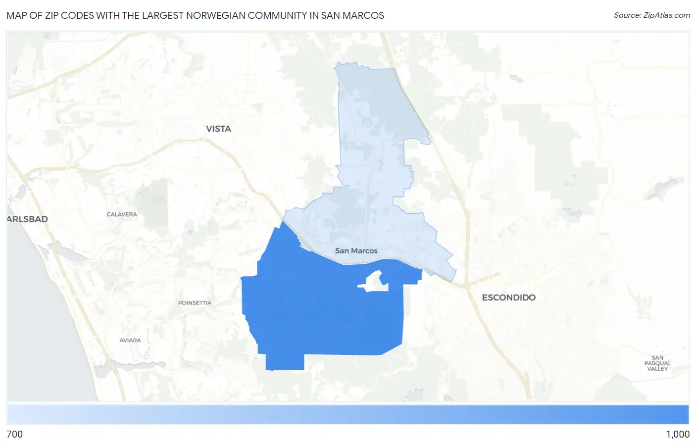 Zip Codes with the Largest Norwegian Community in San Marcos Map