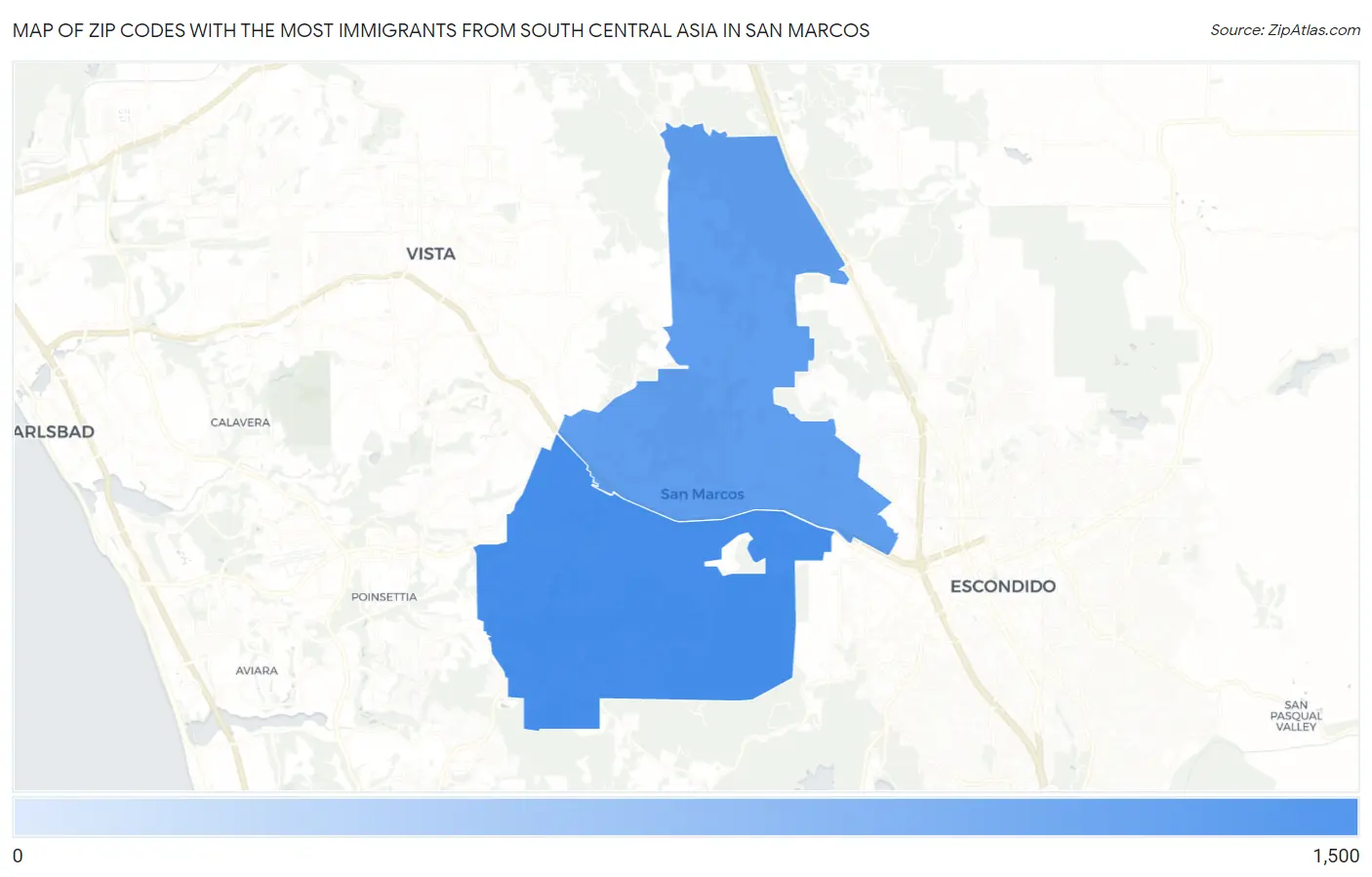 Zip Codes with the Most Immigrants from South Central Asia in San Marcos Map