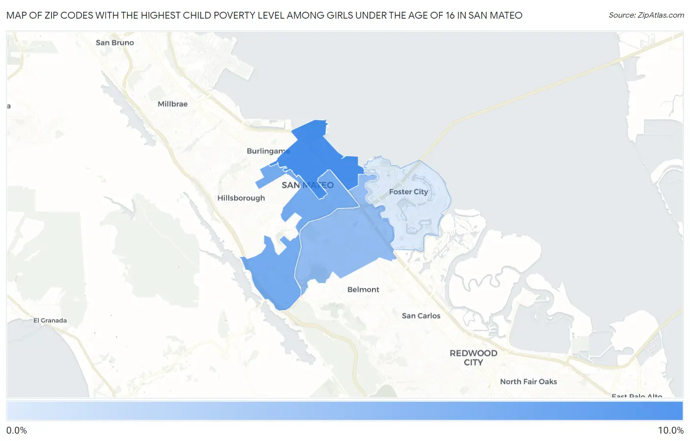 Zip Codes with the Highest Child Poverty Level Among Girls Under the Age of 16 in San Mateo Map
