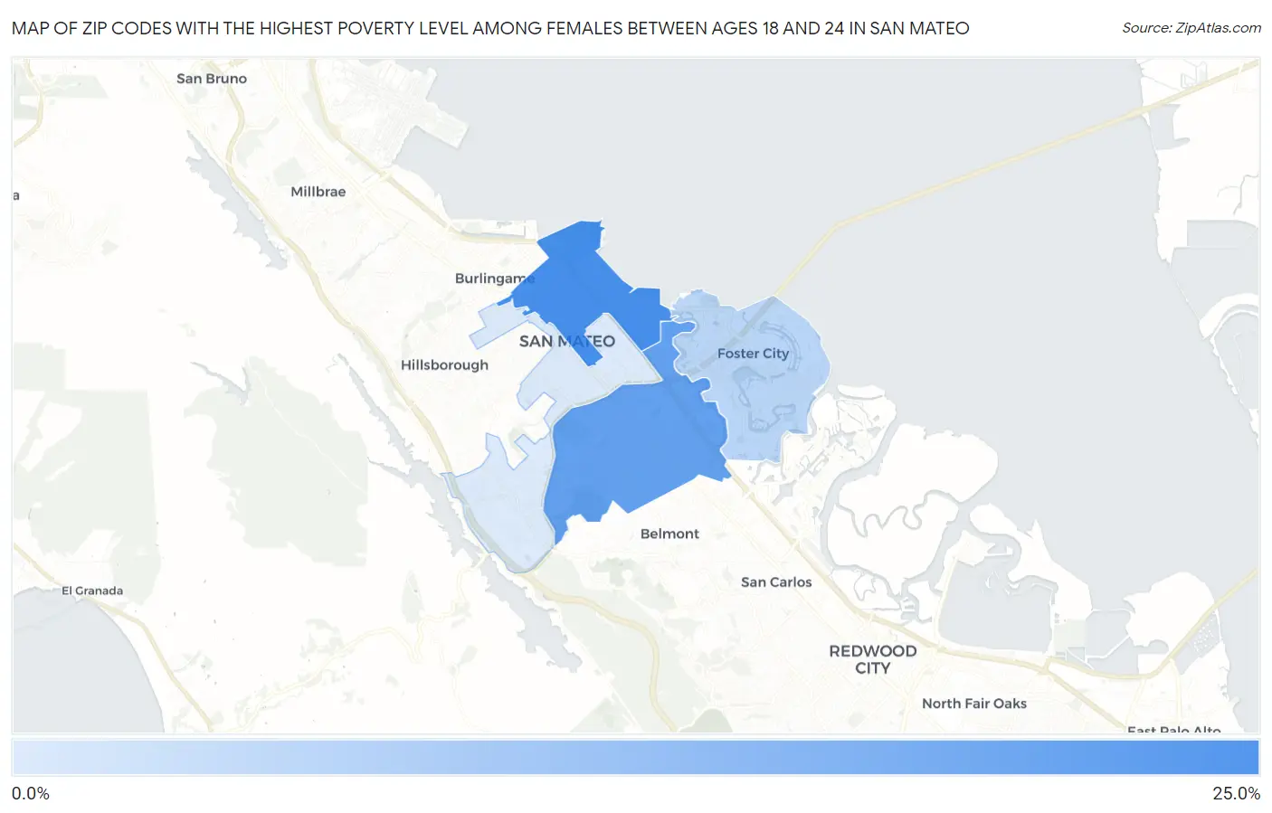 Zip Codes with the Highest Poverty Level Among Females Between Ages 18 and 24 in San Mateo Map
