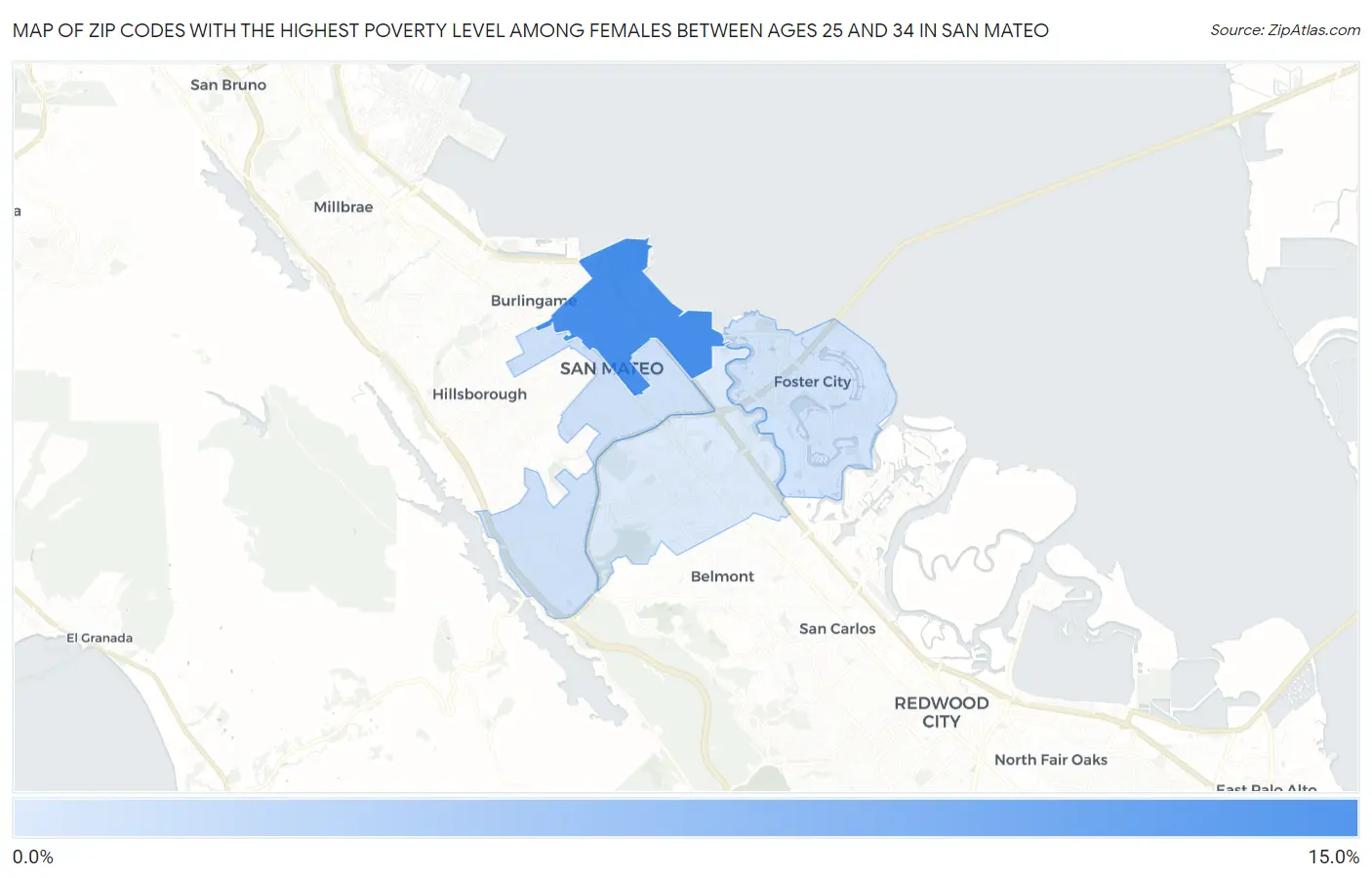 Zip Codes with the Highest Poverty Level Among Females Between Ages 25 and 34 in San Mateo Map