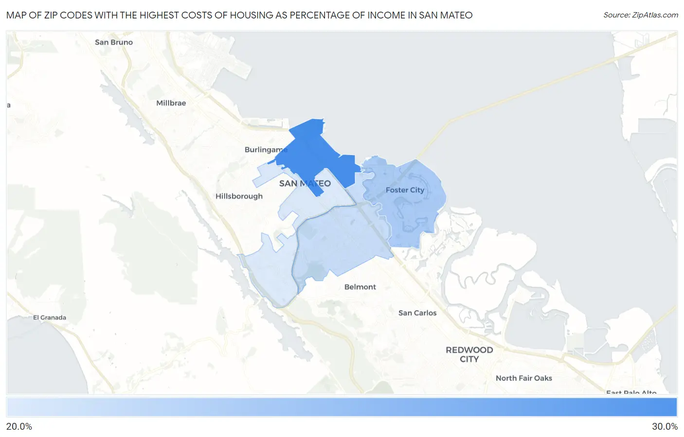 Zip Codes with the Highest Costs of Housing as Percentage of Income in San Mateo Map