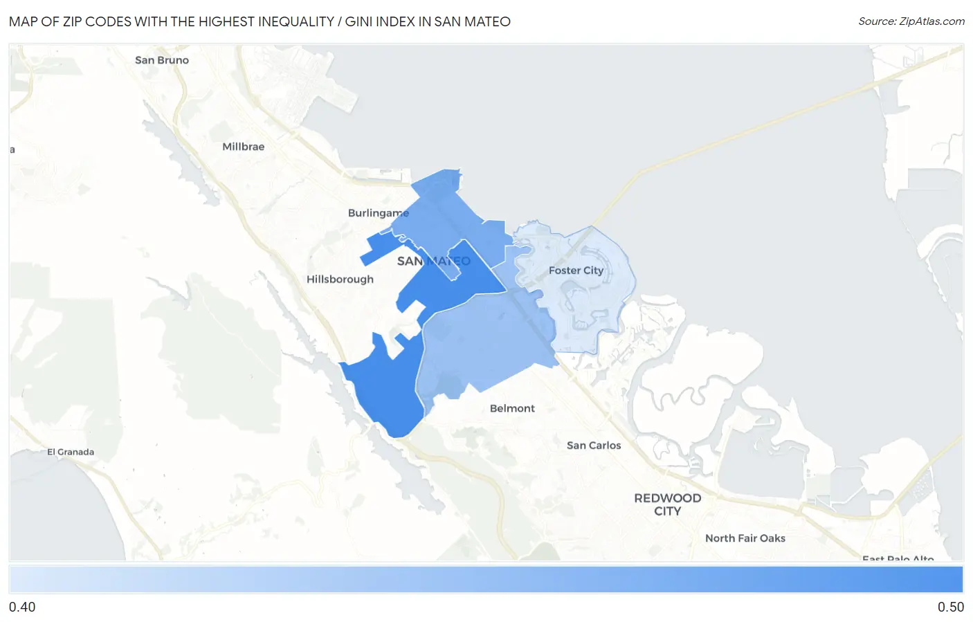 Zip Codes with the Highest Inequality / Gini Index in San Mateo Map